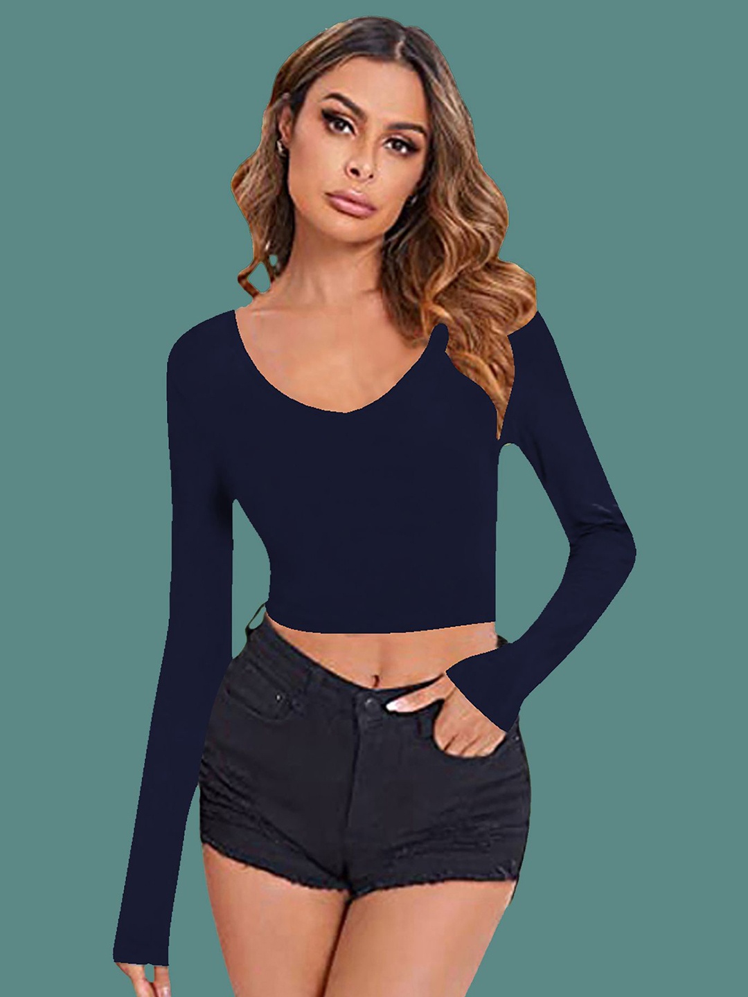 

Dream Beauty Fashion Solid V-Neck Long Sleeves Crop Top, Navy blue