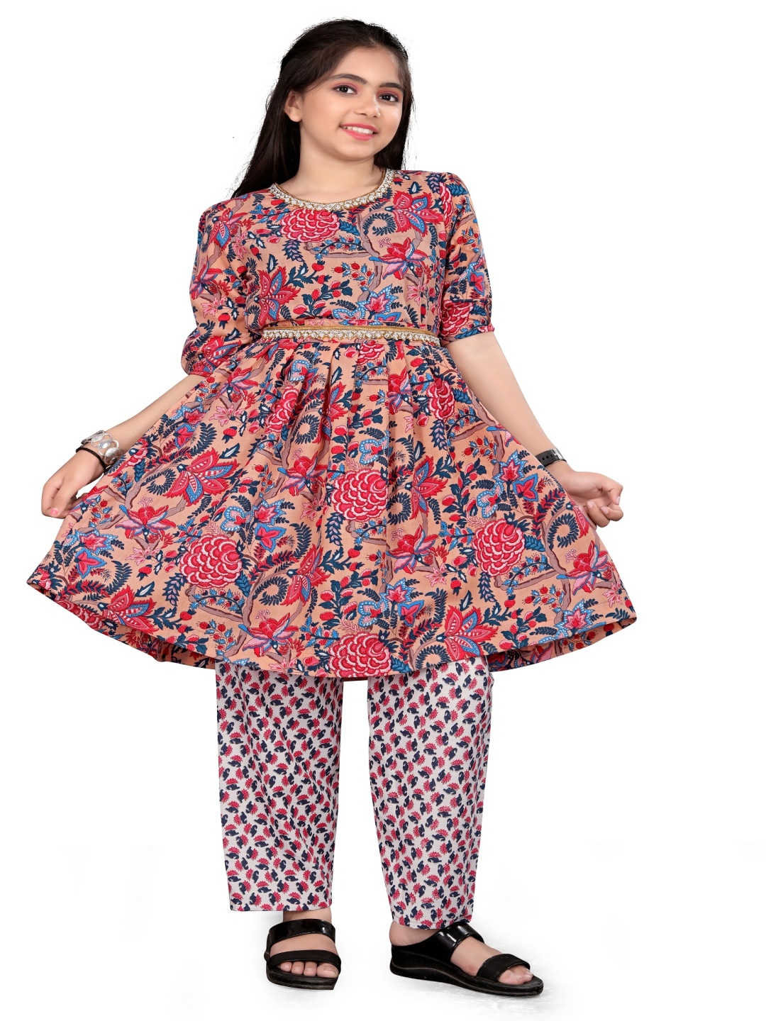 

Aarya Designer Girls Floral Round Neck Printed Pleated Kurta with Trousers, Peach