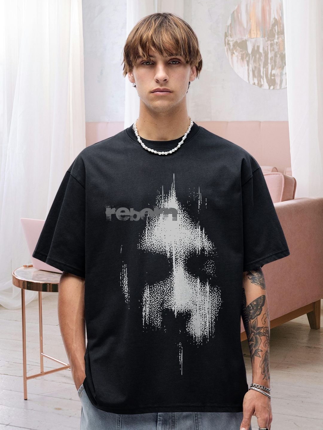 

PRONK Men Graphic Printed Round Neck Cotton Oversized T-shirt, Black