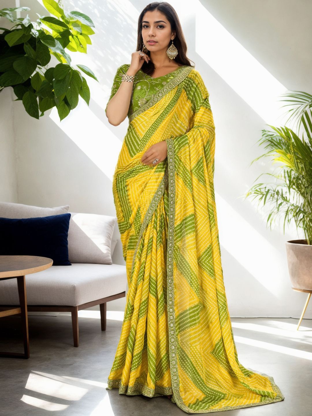 

Panzora Bandhani Embroidered Poly Chiffon Bandhani Saree, Yellow