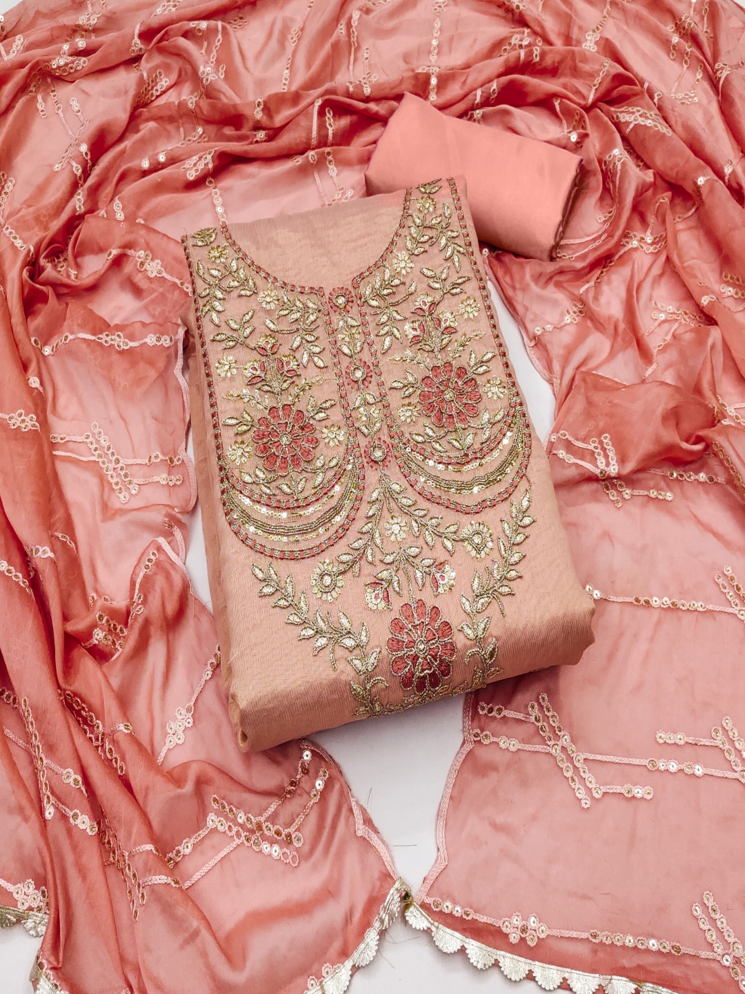 

Blissta Embroidered Unstitched Dress Material, Peach