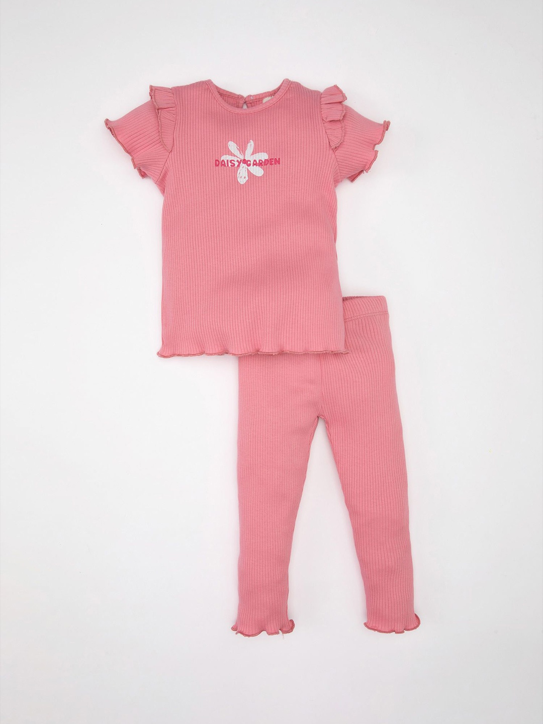 

DeFacto Girls Striped Round Neck Pure Cotton Printed Top & Trousers, Pink