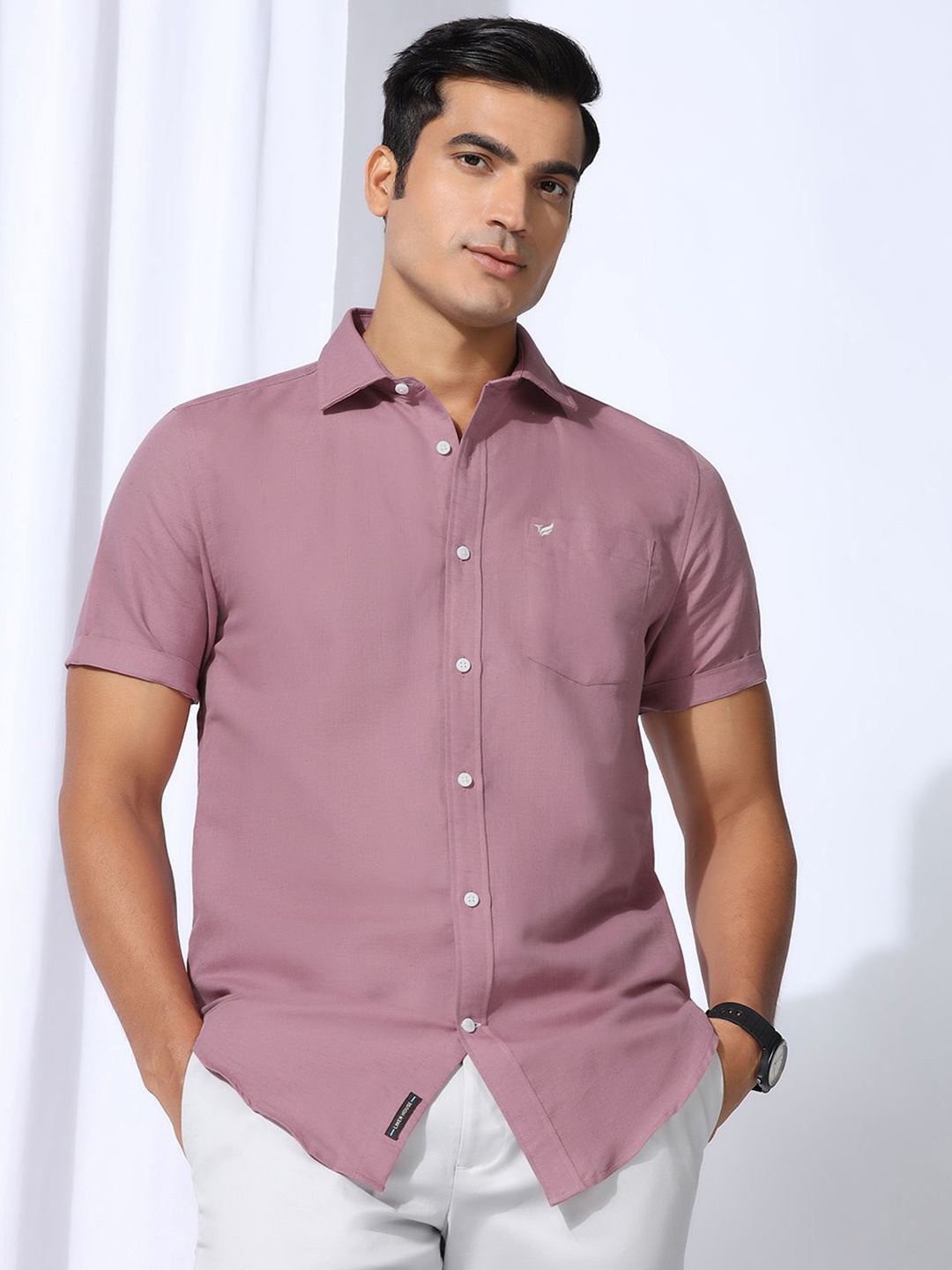 

Blackberrys Men India Slim Fit Spread Collar Solid Linen Casual Shirt, Pink