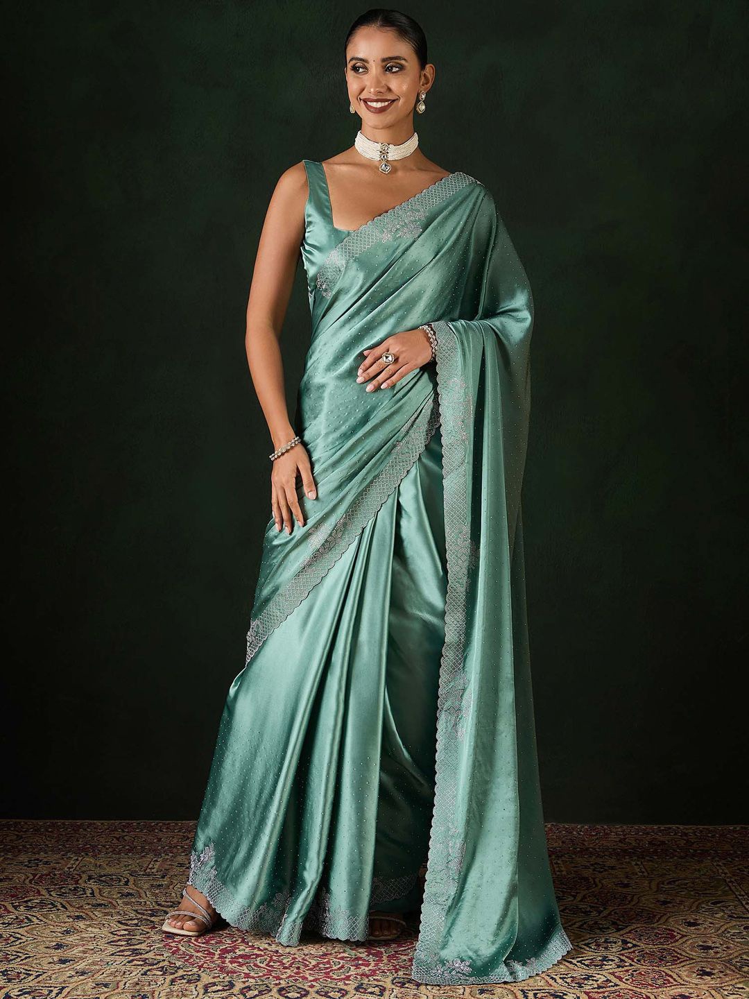 

Sangria Embellished Party Wear Saree With Unstitched Blouse, Sea green