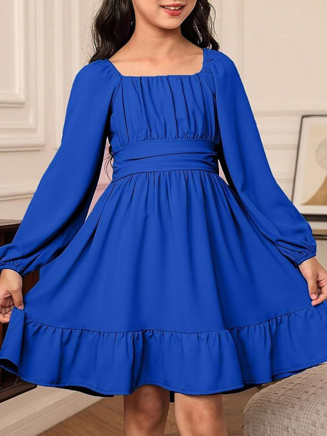 

R Cube Puff Sleeve Ruffled Crepe Fit & Flare Midi Dress, Blue