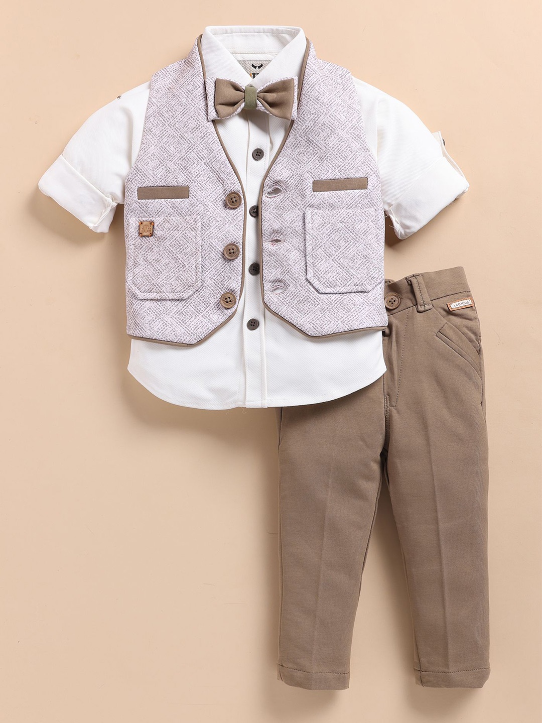 

LITTLE COLLARS Boys Printed Collarless Single-Breasted 4-Pieces Suits, Khaki