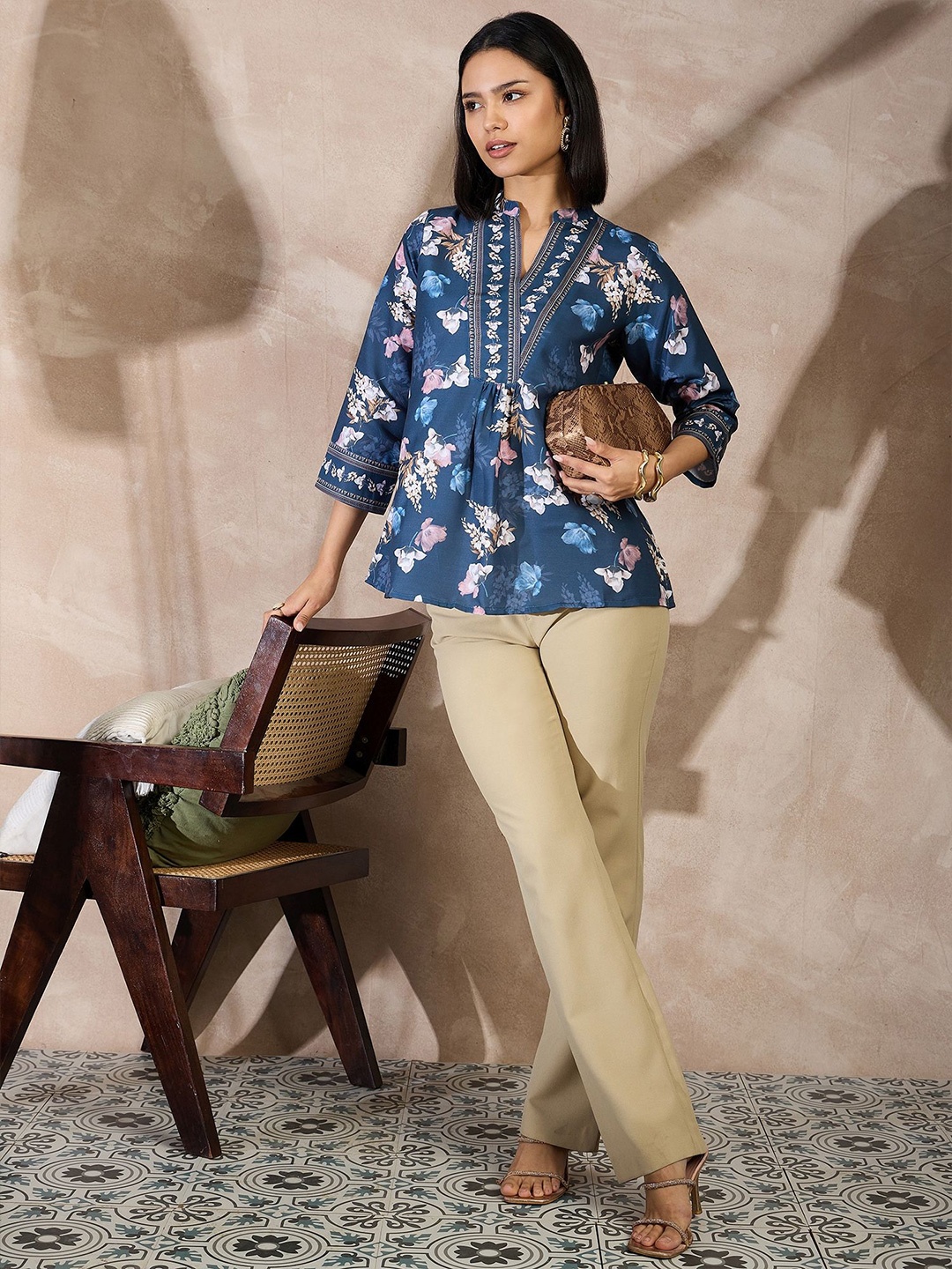 

all about you Floral Print Mandarin Collar Top, Blue