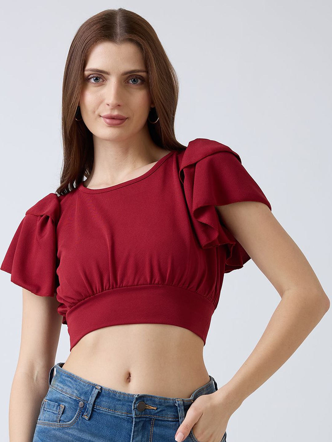 

SZN Women Flutter Sleeves Blouson Crop Top, Maroon