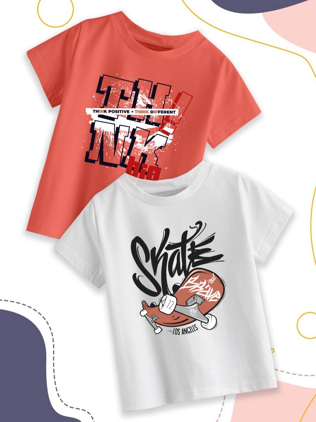 

Provogue Boys Pack Of 2 Graphic Printed Round Neck Cotton T-shirts, Coral