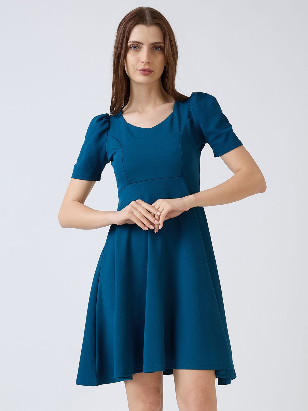 

SZN Women Round Neck Puff Sleeves Fit & Flare Dress, Green