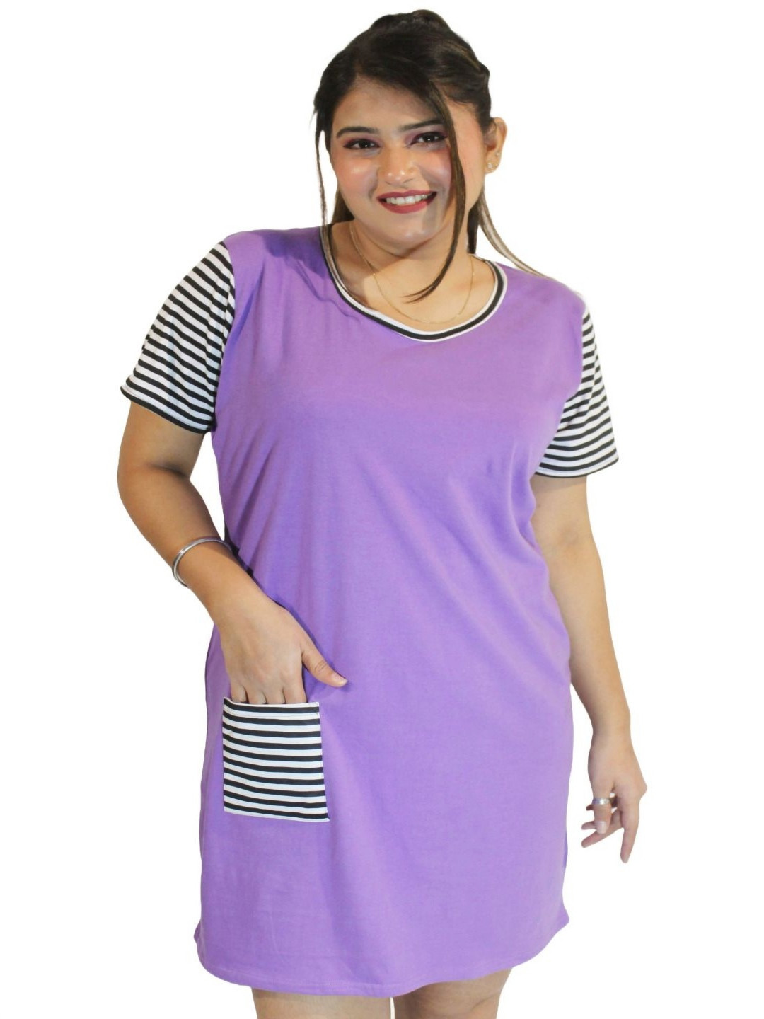

PINK SHELL Women Striped Round Neck T-shirt, Lavender
