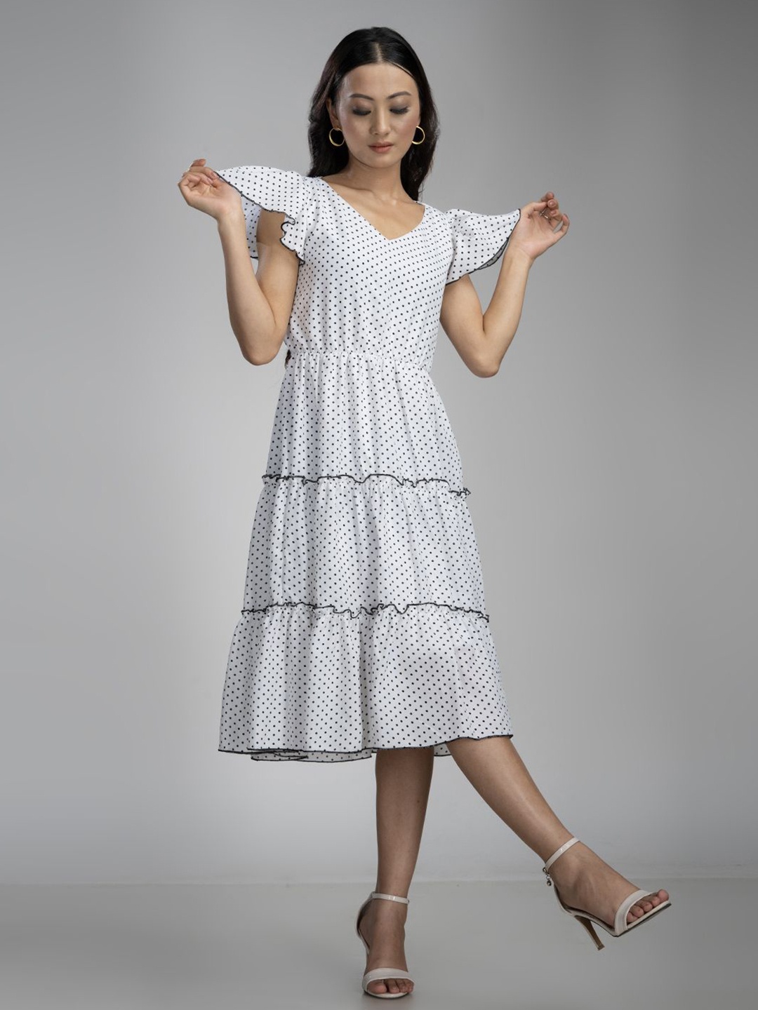 

KRISS-CROX Women Polka Dots Printed Flutter Sleeves Ruffled Fit & Flare Midi Dress, White