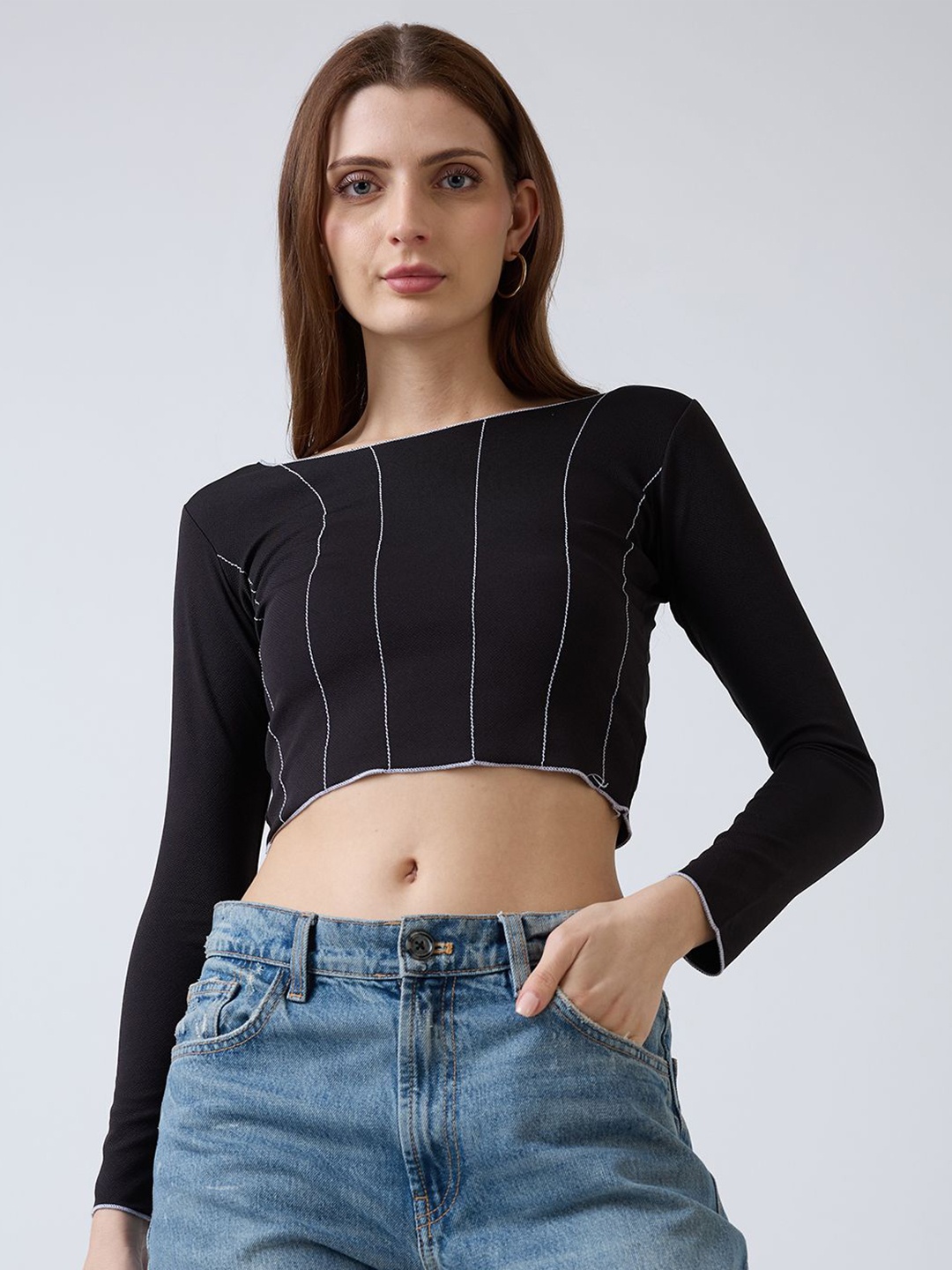 

SZN Boat Neck Fitted Crop Top, Black