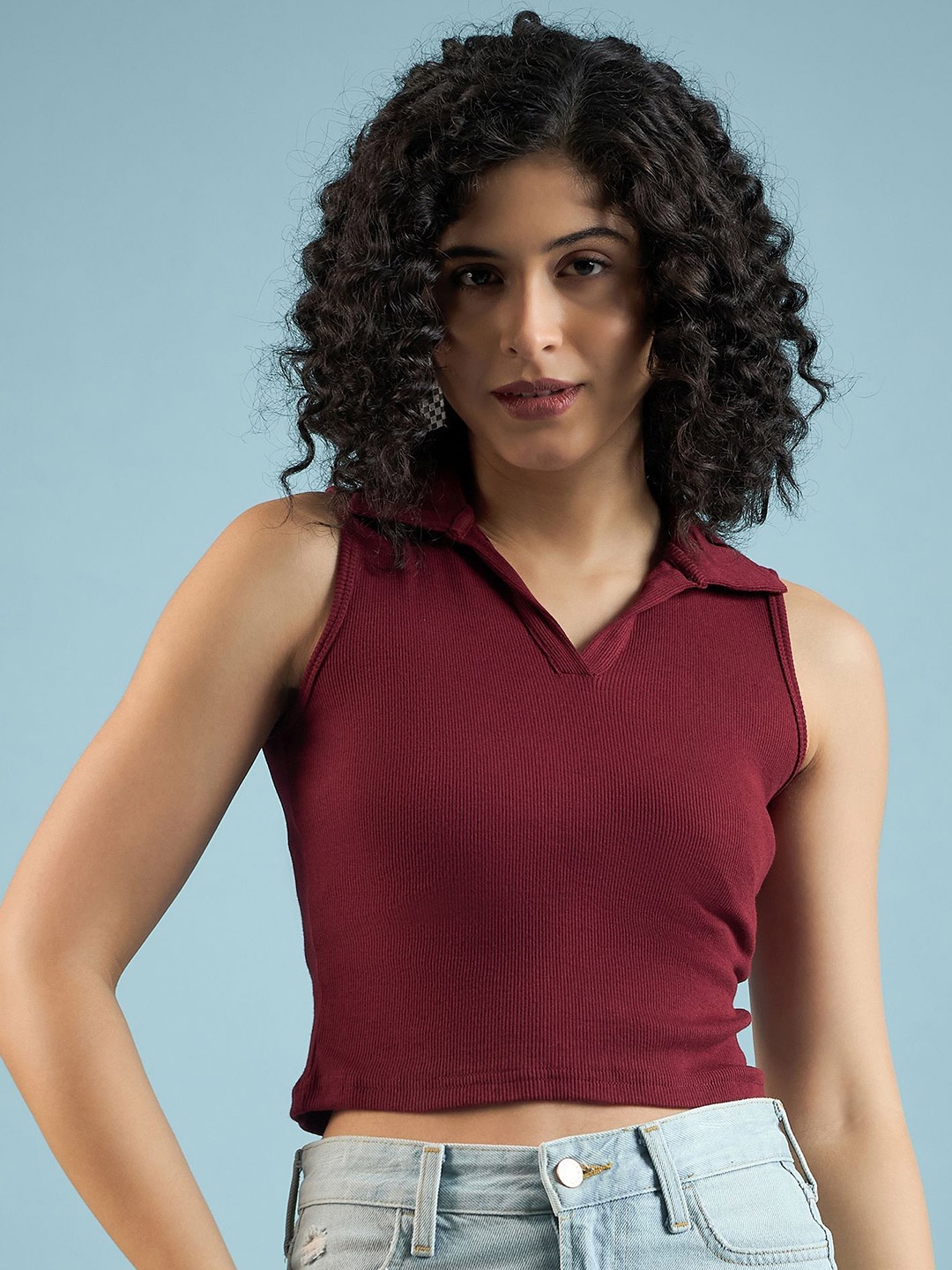 

DressBerry Women Ripped Shirt Collar Sleeveless Tank Crop Top, Maroon