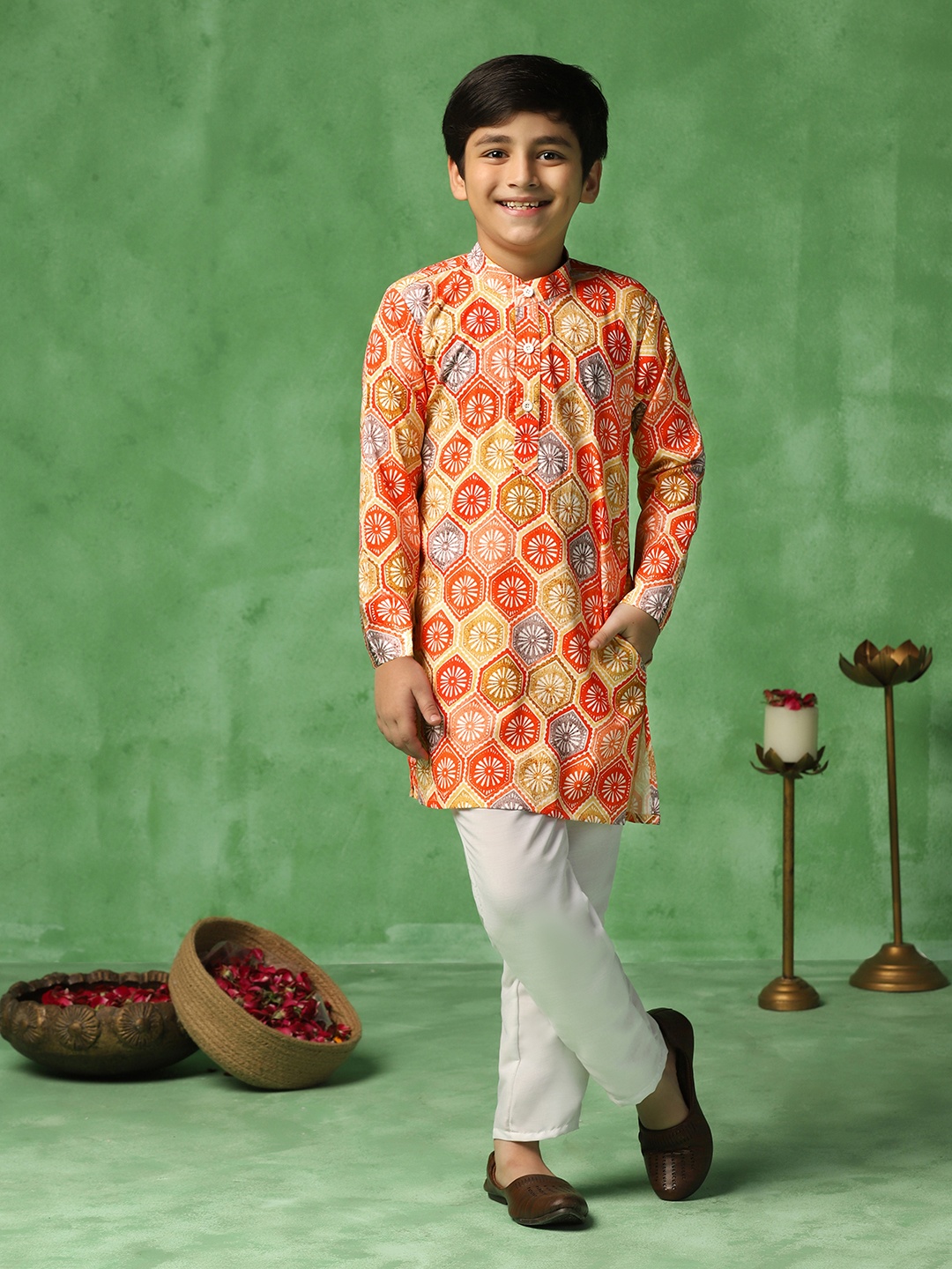 

Sangria Orange & Beige Boys Floral Printed Band Collar Cotton Straight Kurta With Trouser