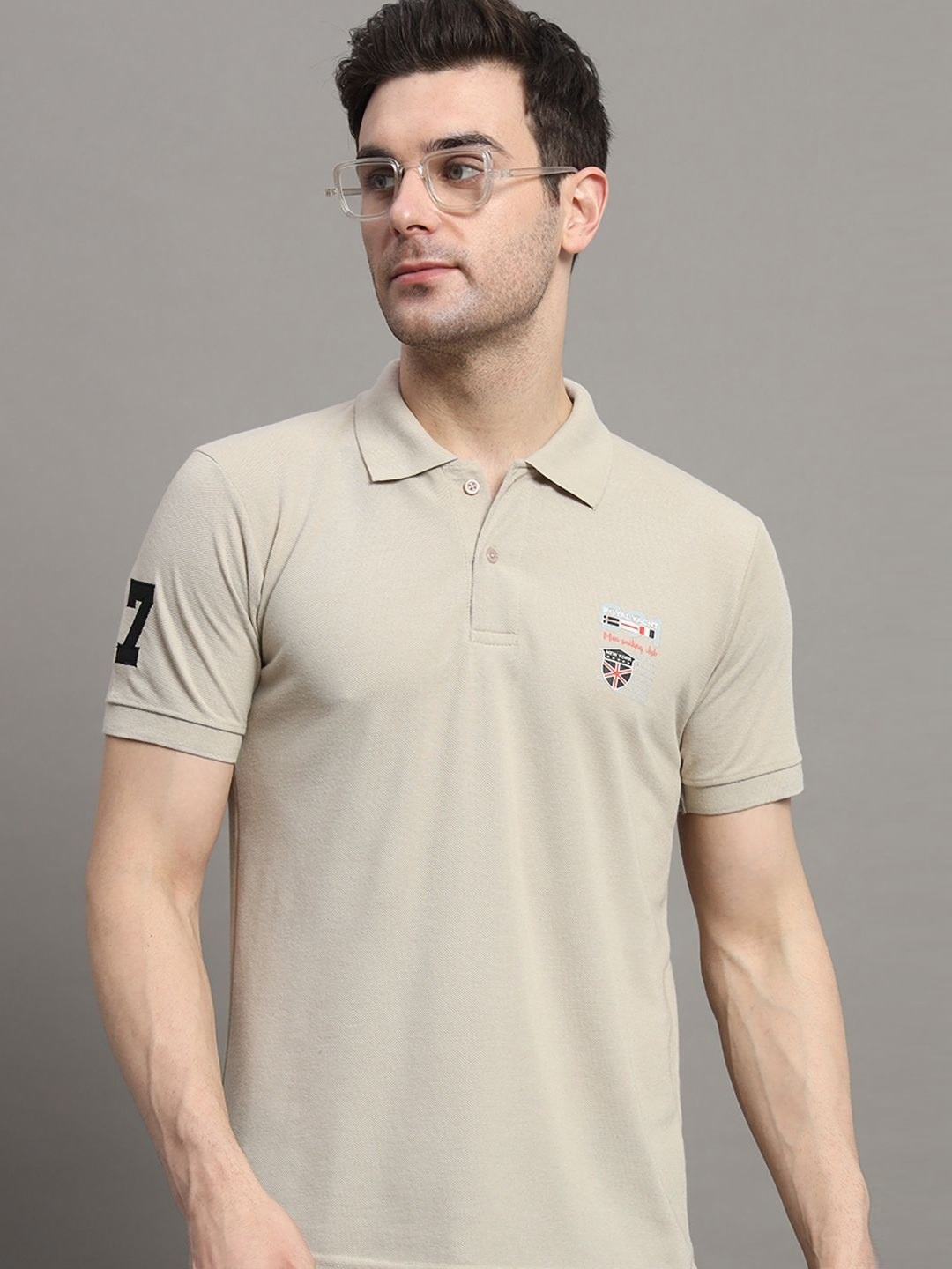 

MXN Men Solid Polo Collar Cotton T-shirt, Beige