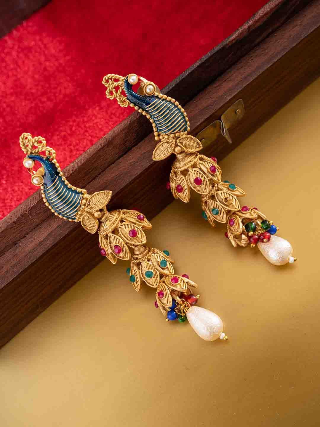 

PANASH Gold-Plated Artificial Stones Studded And Beaded Peacock Shaped Drop Earrings