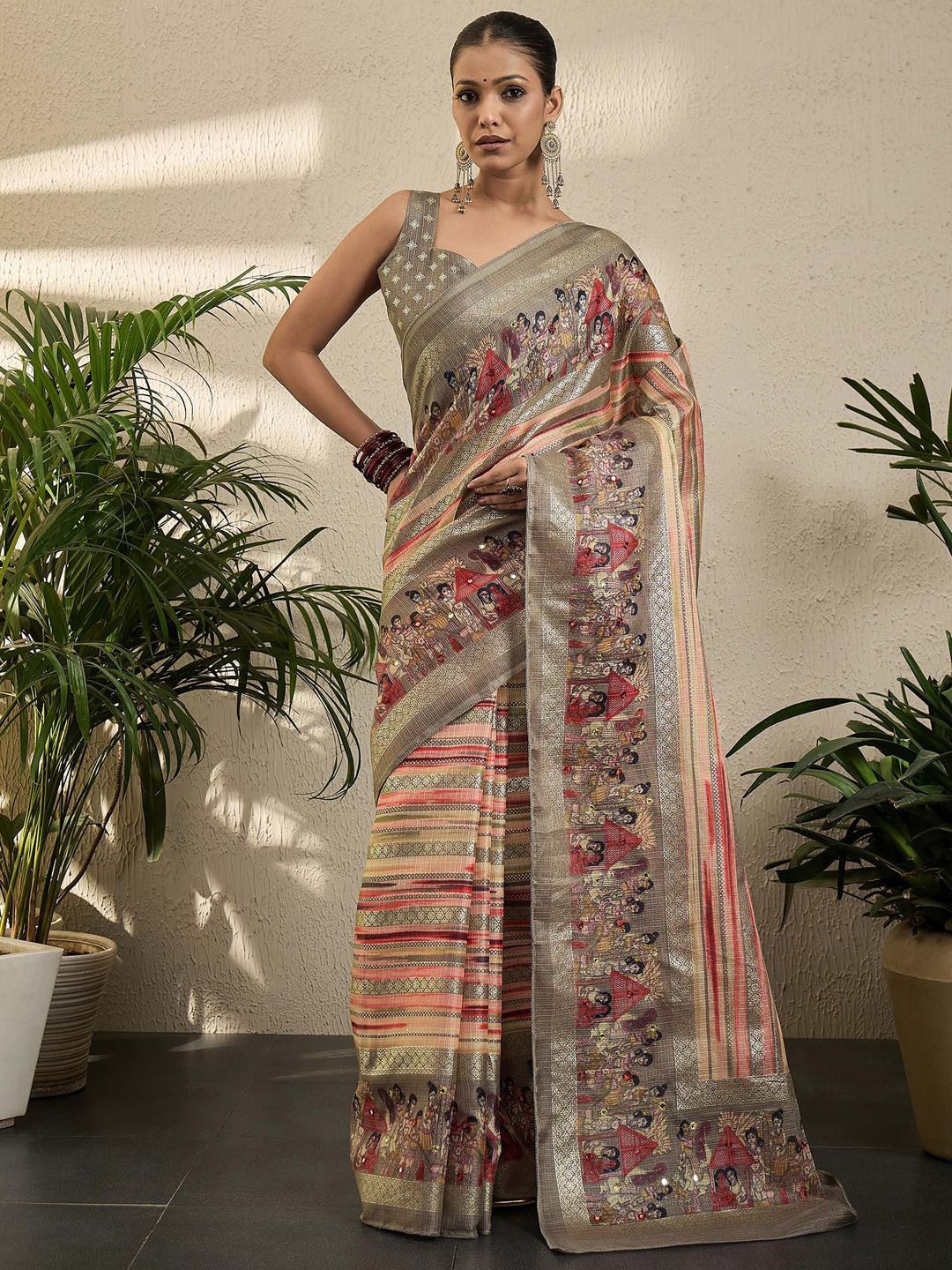 

all about you Kalamkari Printed Saree with Blouse Piece, Peach