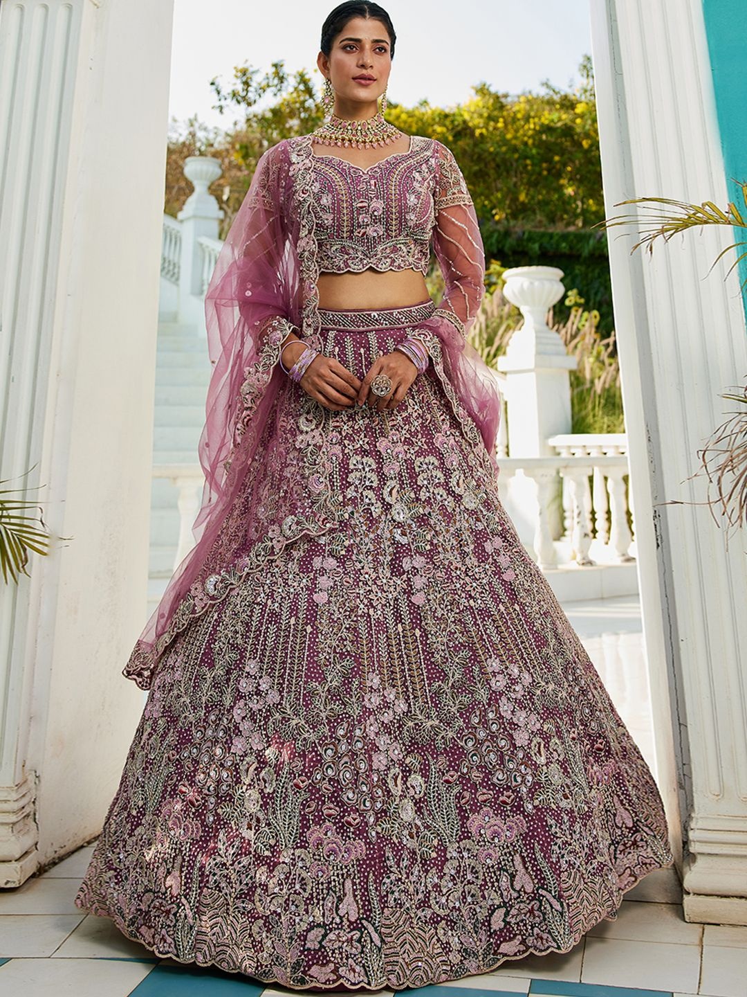 

panchhi Embroidered Sequinned Semi-Stitched Lehenga & Unstitched Blouse With Dupatta, Mauve