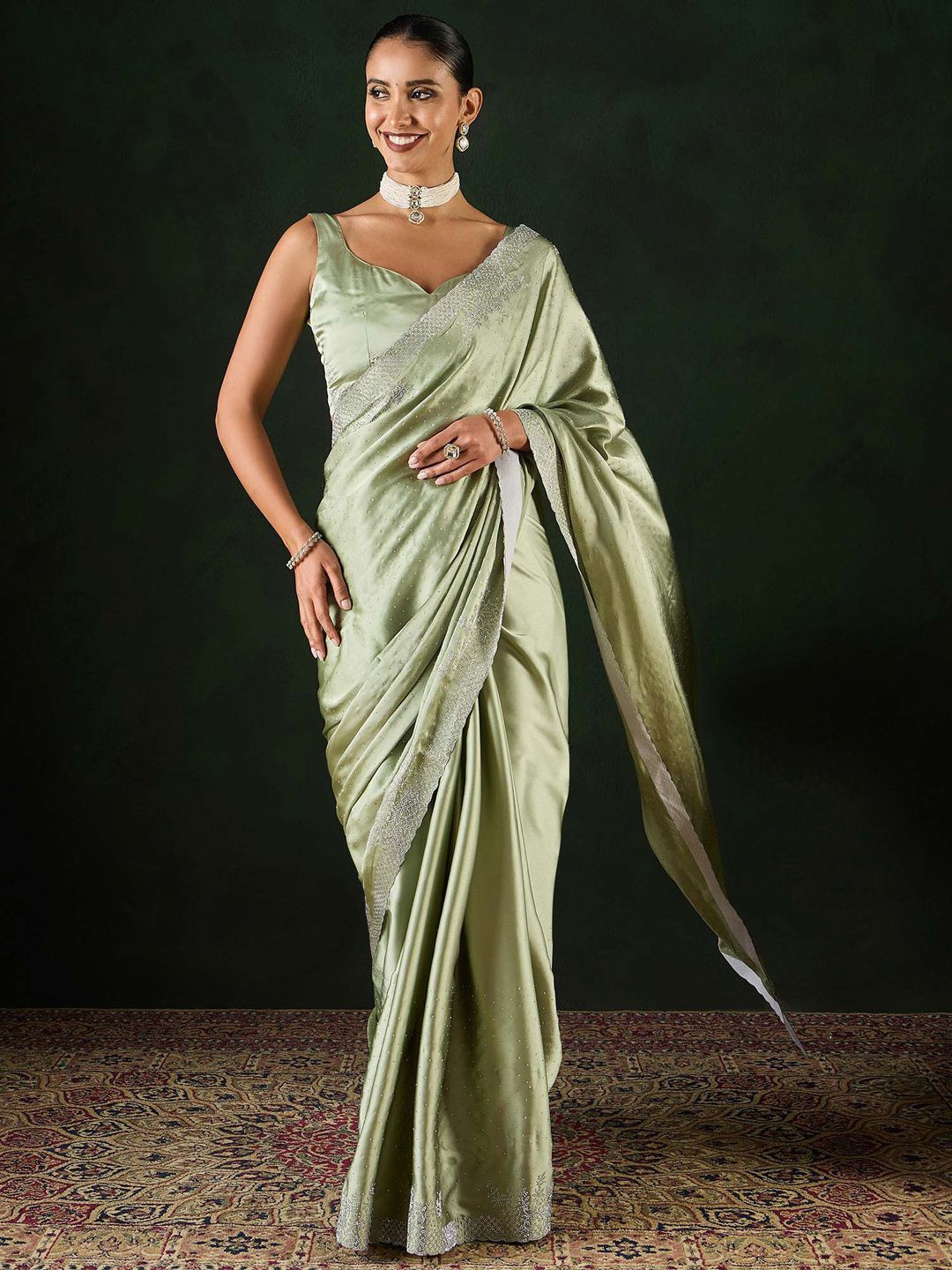 

Sangria Embellished Party Wear Saree With Unstitched Blouse, Green