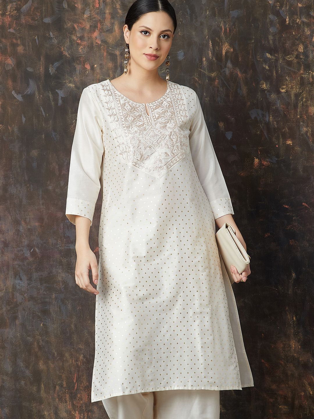 

Melange by Lifestyle Floral Embroidered Notch Neck A-Line Kurta, Off white