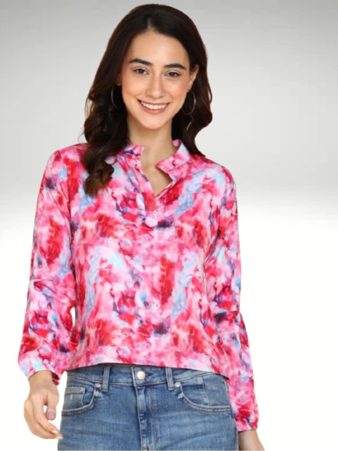 

DressBerry Women Tie and Dye Puff Sleeve Crepe Shirt Style Top, Pink