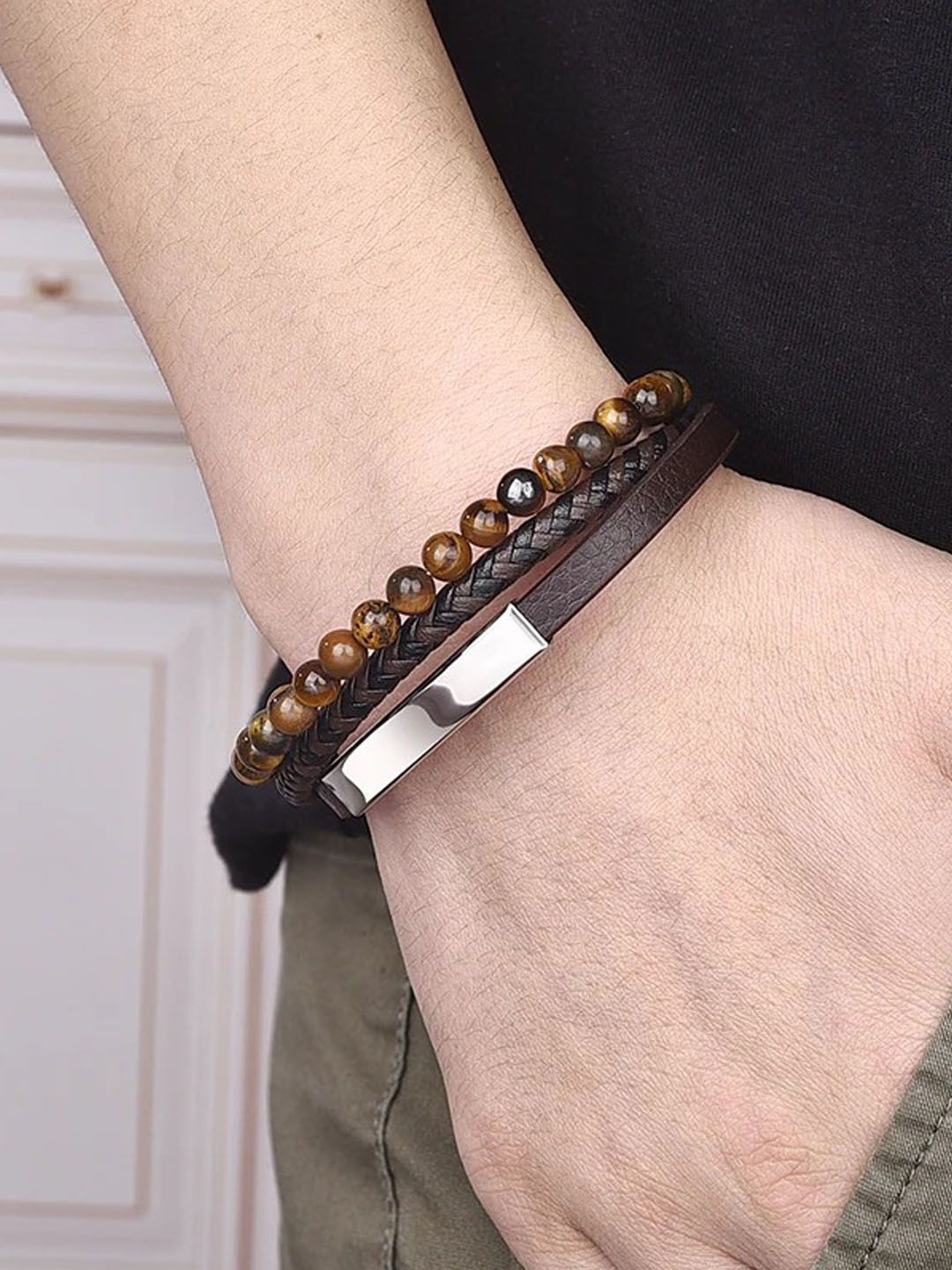 

Jewels Galaxy Men Leather Silver-Plated Artificial Beaded Bracelet, Brown