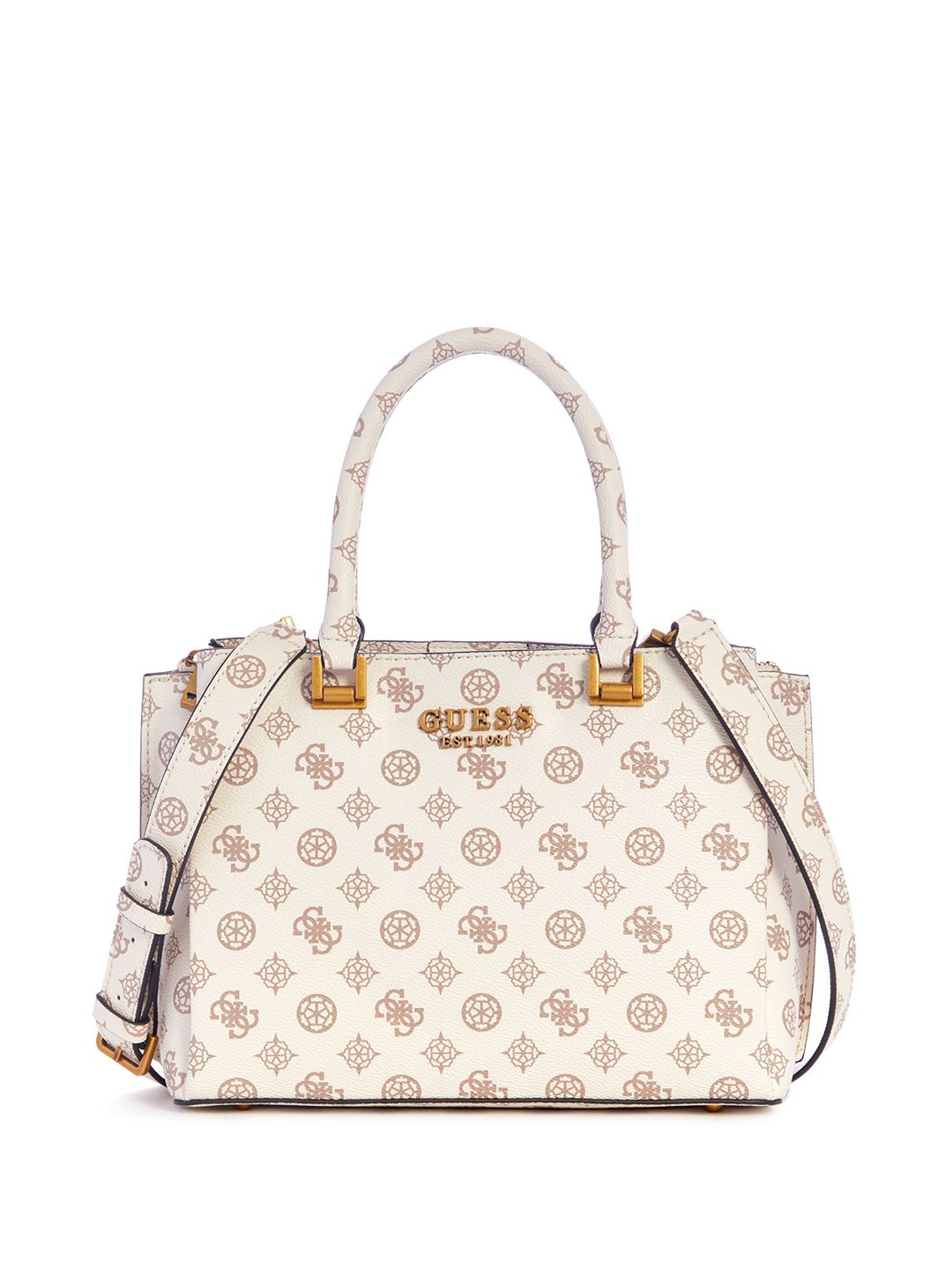 

GUESS Printed PU Structured Satchel with Cut Work, Cream