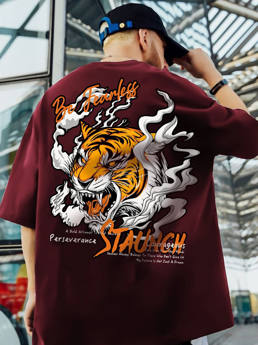 

JUMPCUTS Men Graphic Printed Round Neck Cotton T-shirt, Maroon