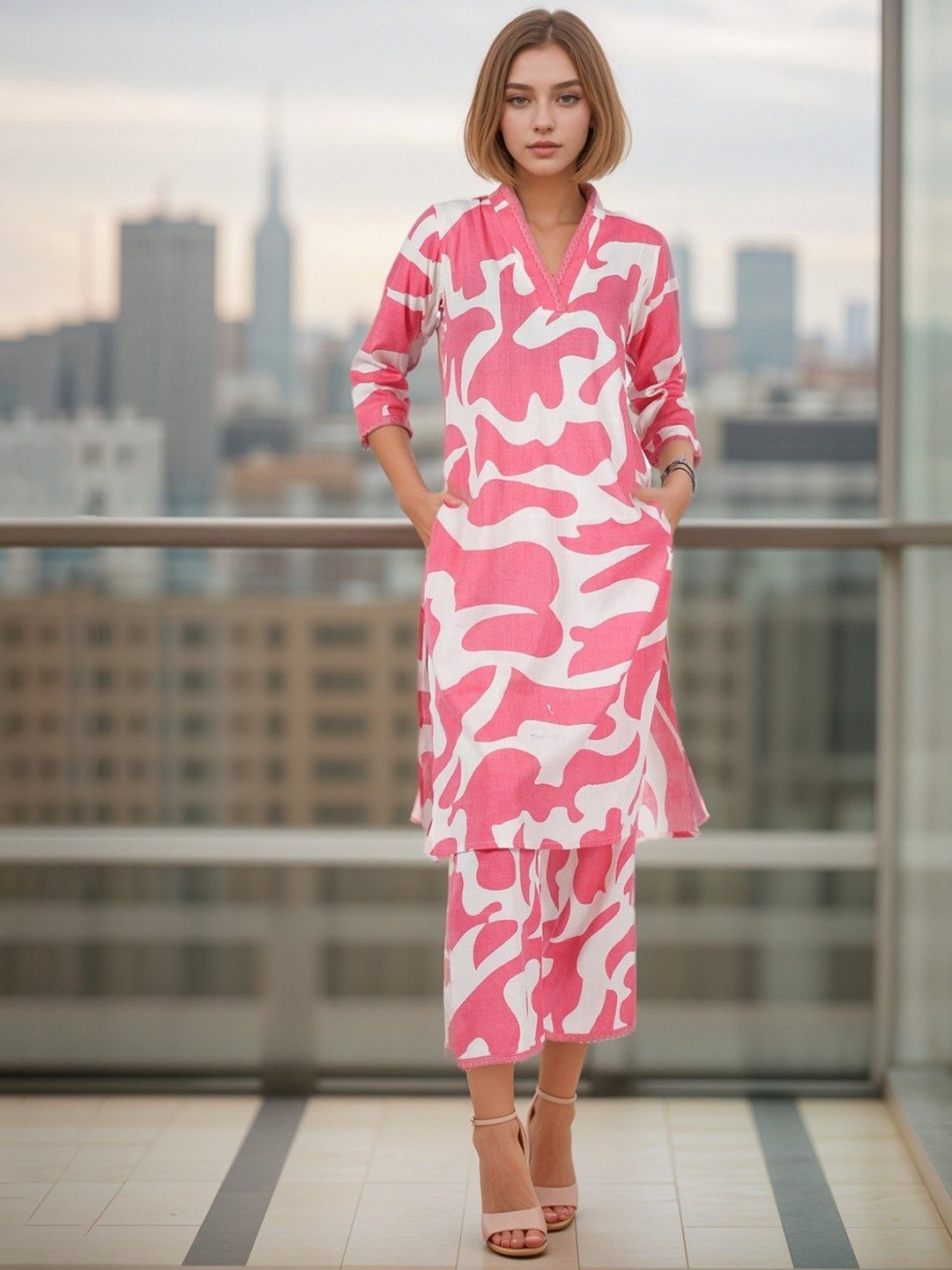 

ANEKYA Abstract Printed V-Neck Pure Cotton Kurta With Trouser, Pink