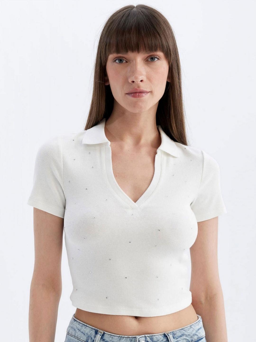 

DeFacto Women Self Design V-Neck Cotton T-shirt, White
