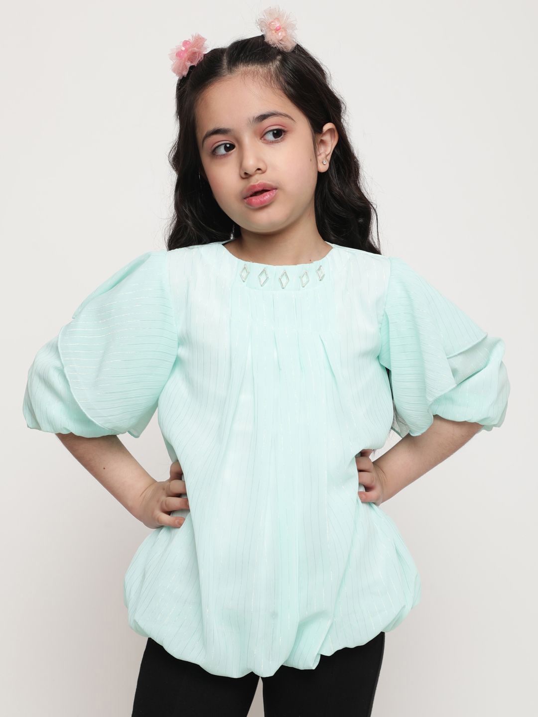 

Ishti Girls Striped Puff Sleeves Top, Green