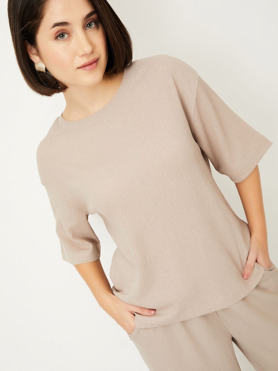 

max Women Self Design Round Neck T-shirt, Beige