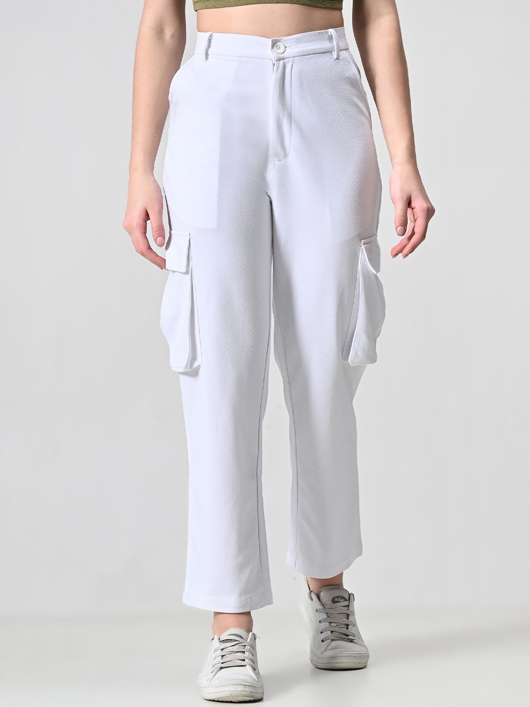 

EKSDEE Women Mid-Rise Relaxed Fit Cotton Cargos Trousers, White