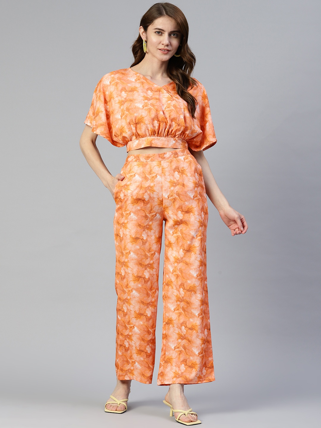 

JAINISH Abstract Printed V-Neck Top And Trousers, Orange