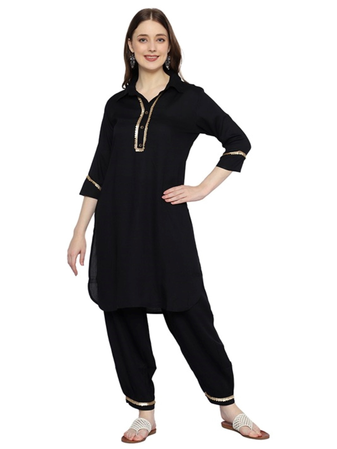 

GMI Shirt Collar Sequinned Straight Kurta With Trousers, Black