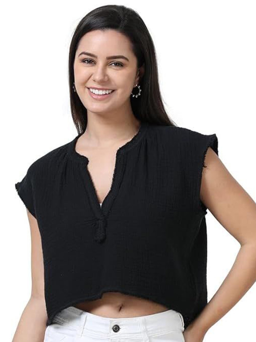 

GLAM & CHIQUE Women Mandarin Collar Cotton Crop Top, Black