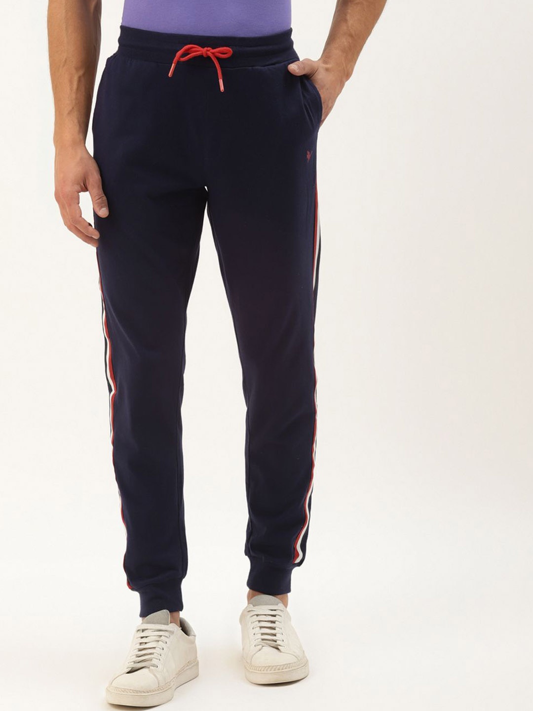 

AMSWAN Men Striped Cotton Mid-Rise Joggers Track Pants, Navy blue