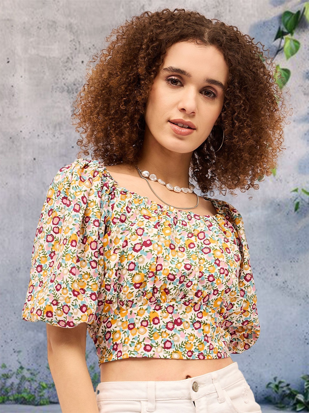 

DressBerry Floral Print Choker Neck Flared Sleeve Cotton Crop Top, Multi