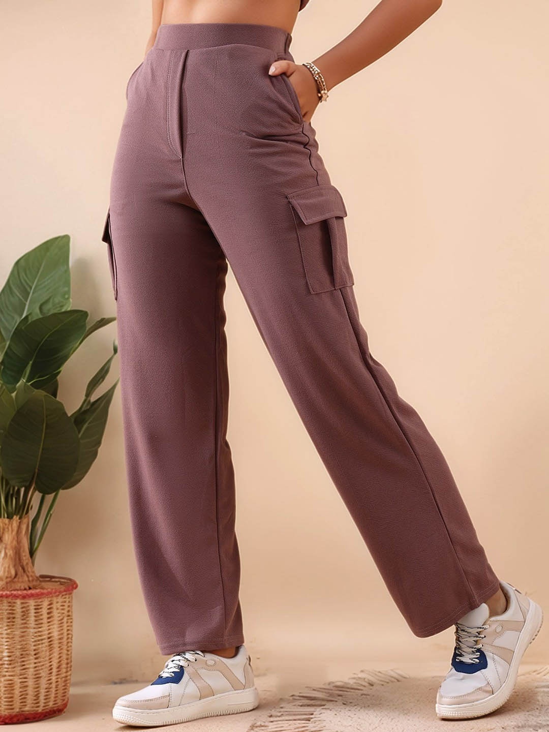 

Mast & Harbour Women Classic High-Rise Slip On Trousers, Brown