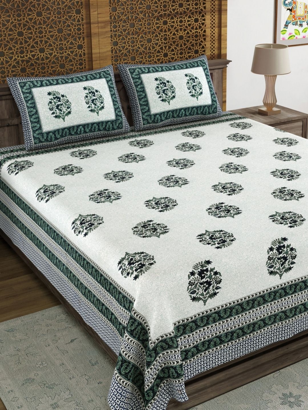 

Myntra Elegant Homes White Floral Printed Cotton 144 TC King Bedsheet Set-2.18 m x 2.64 m