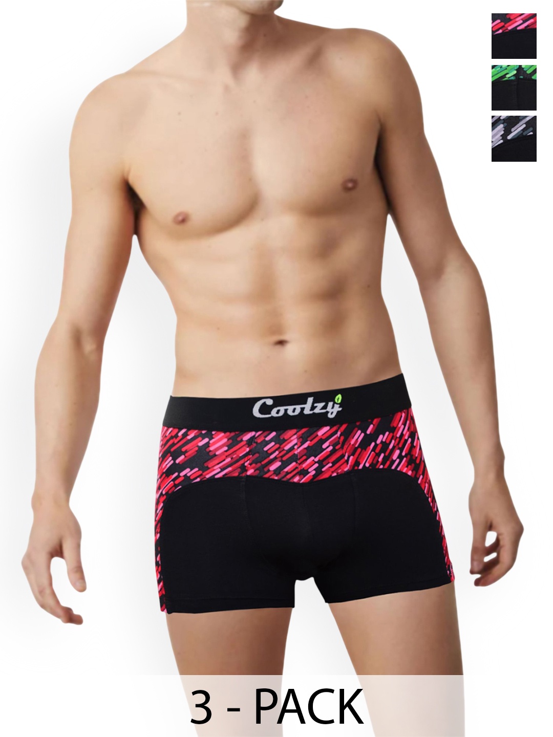 

COOLZY Men Pack Of 3 Printed Short Trunks EOSHTN3K067-S, Black