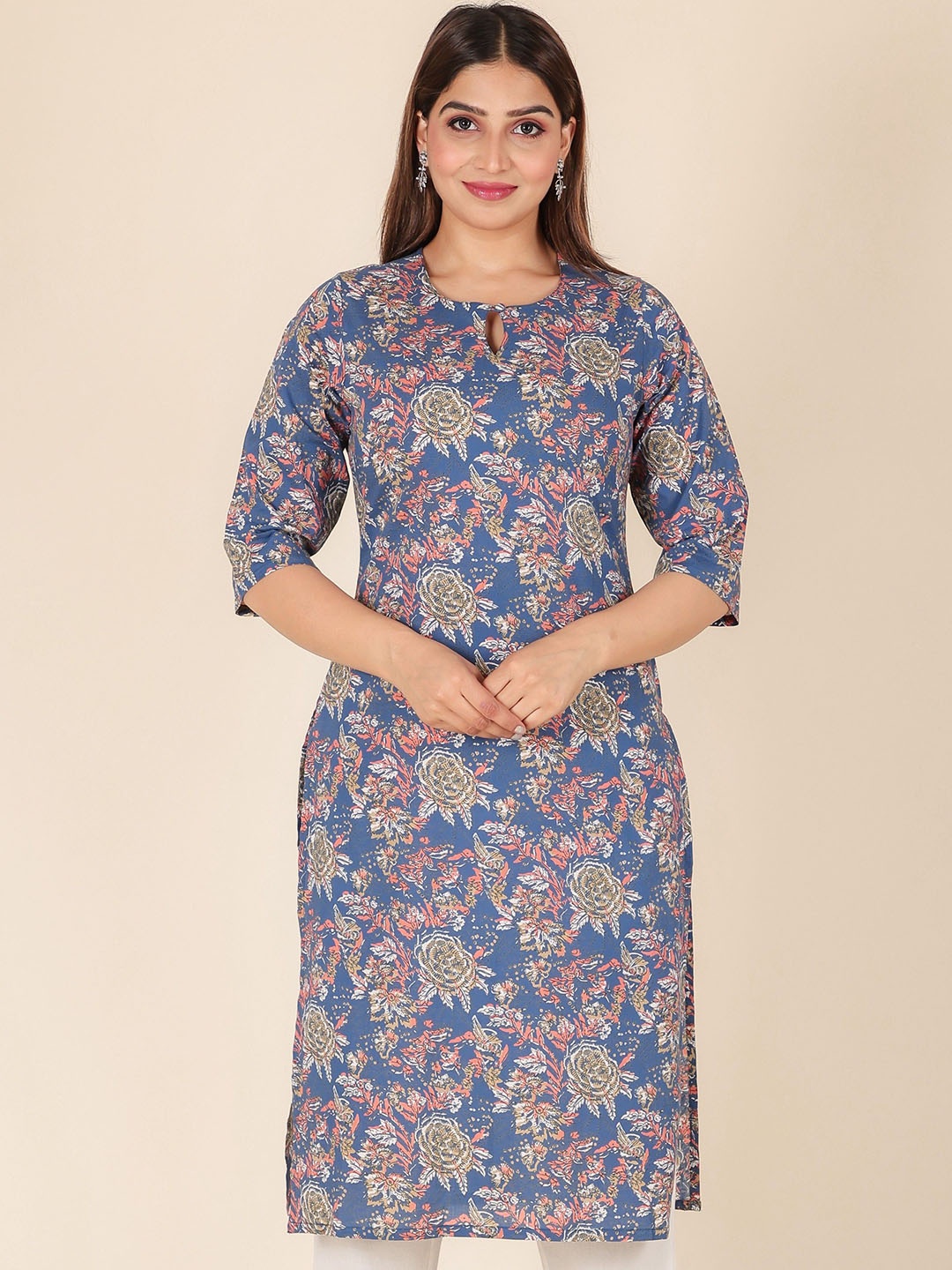 

Aramya Floral Printed Keyhole Neck Straight Pure Cotton Kurta, Blue
