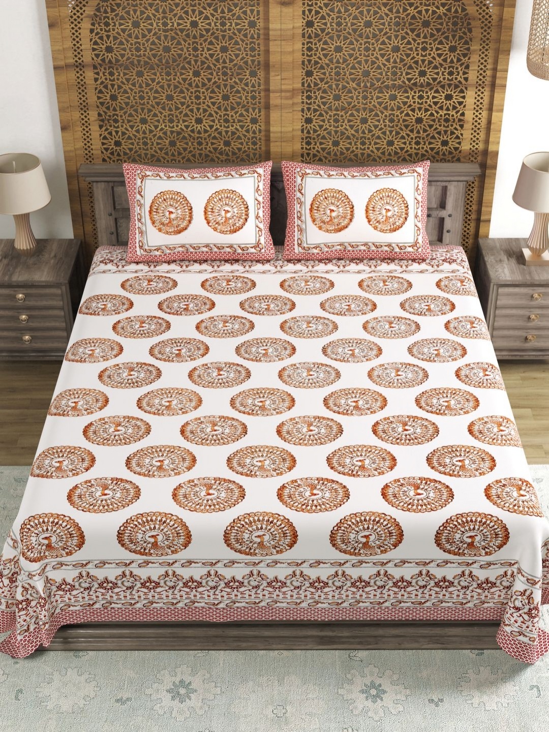 

Myntra Elegant Homes White Motifs Printed Cotton 144 TC King Bedsheet Set-2.18 m x 2.64 m