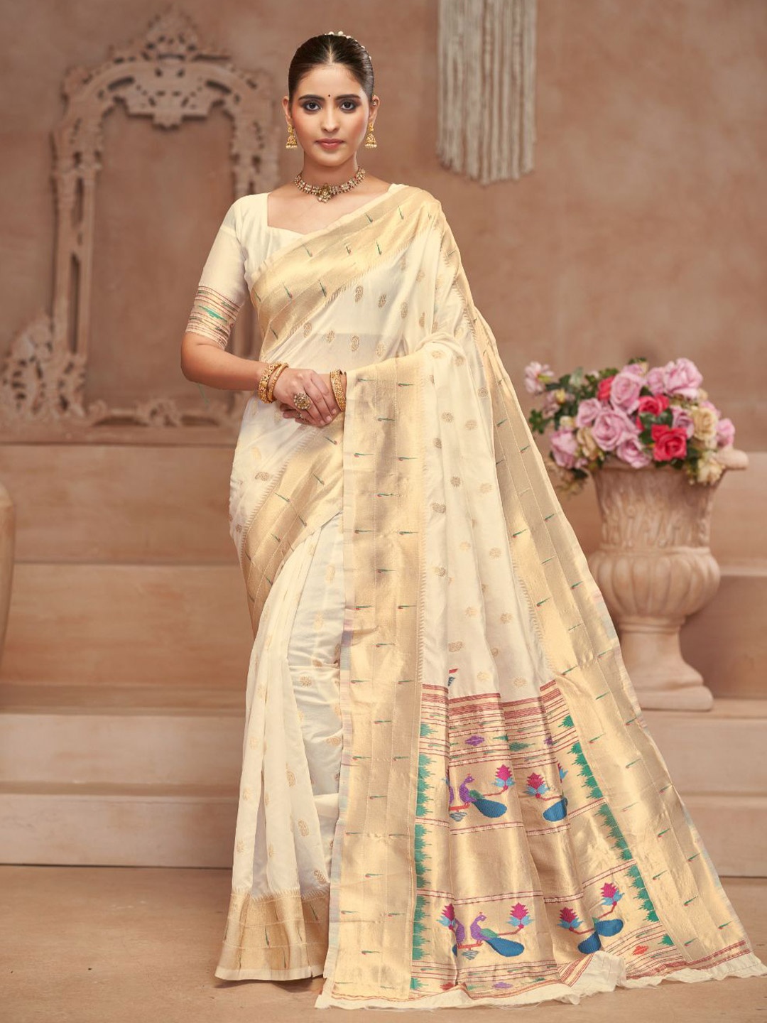 

amirat Ethnic Motifs Woven Design Zari Pure Silk Paithani Saree, Cream