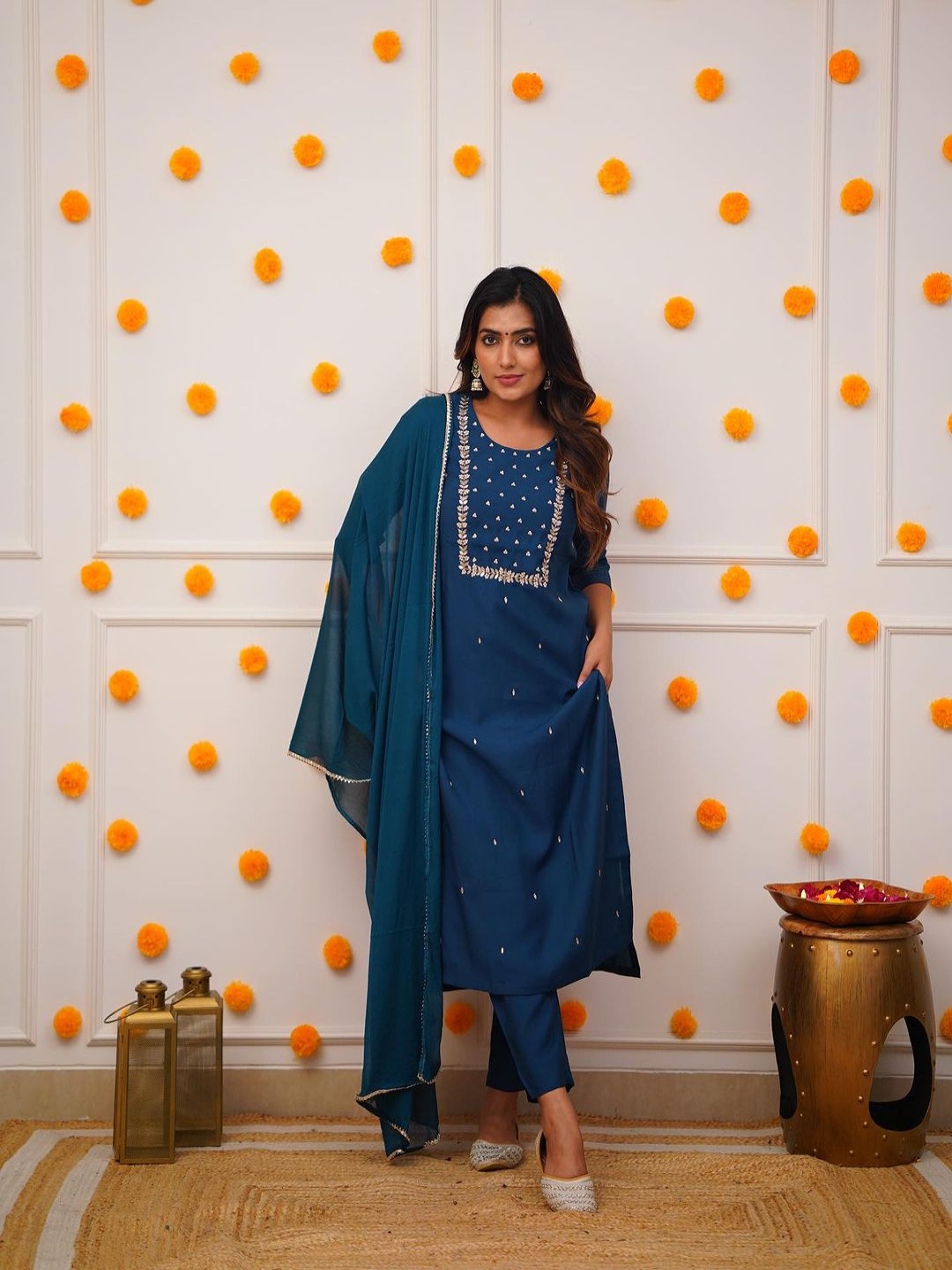 

Fashion Ritmo Floral Embroidered Zari Straight Kurta With Trouser And Dupatta, Blue