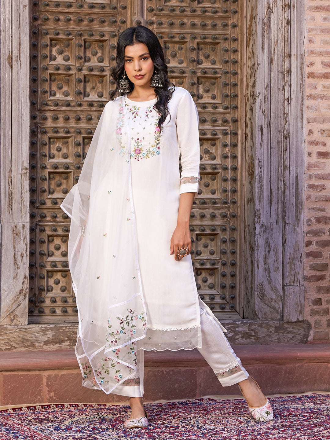 

Fashion Ritmo Women's Embroidered Kurta Set with Dupatta, White