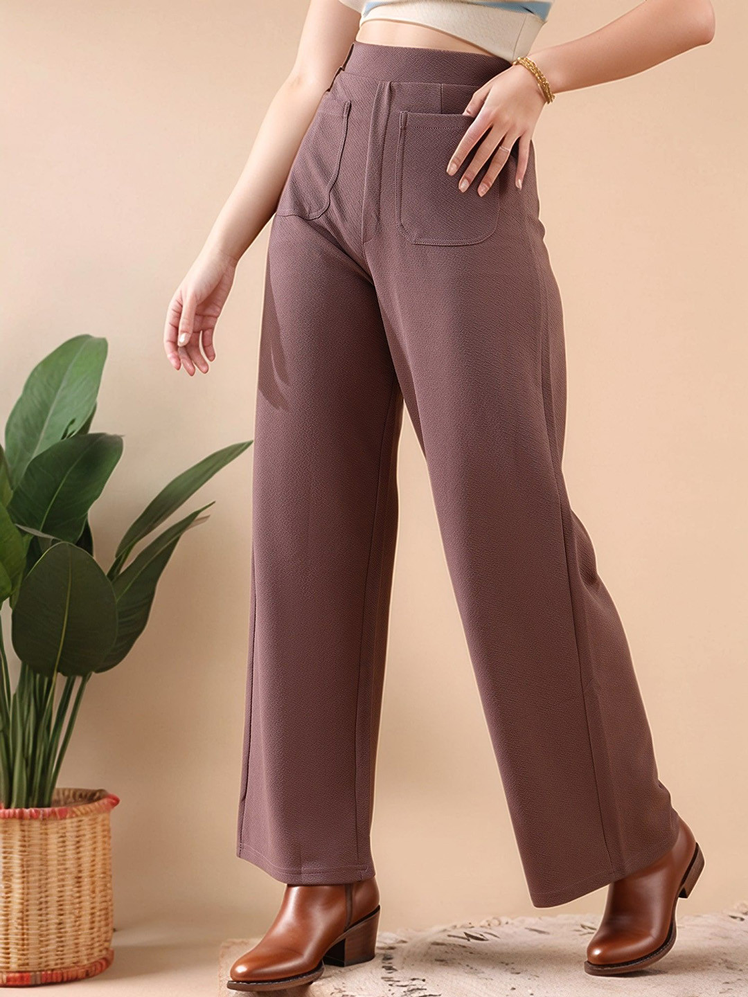 

Mast & Harbour Women High-Rise Easy Wash Trousers, Brown