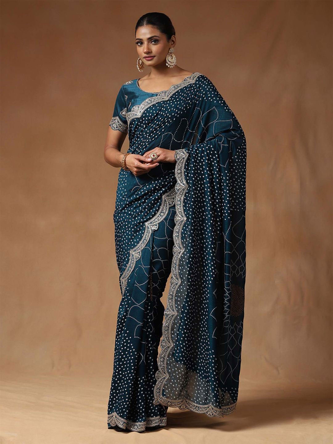 

Saree mall Bandhani Embroidered Silk Blend Designer Sarees, Teal