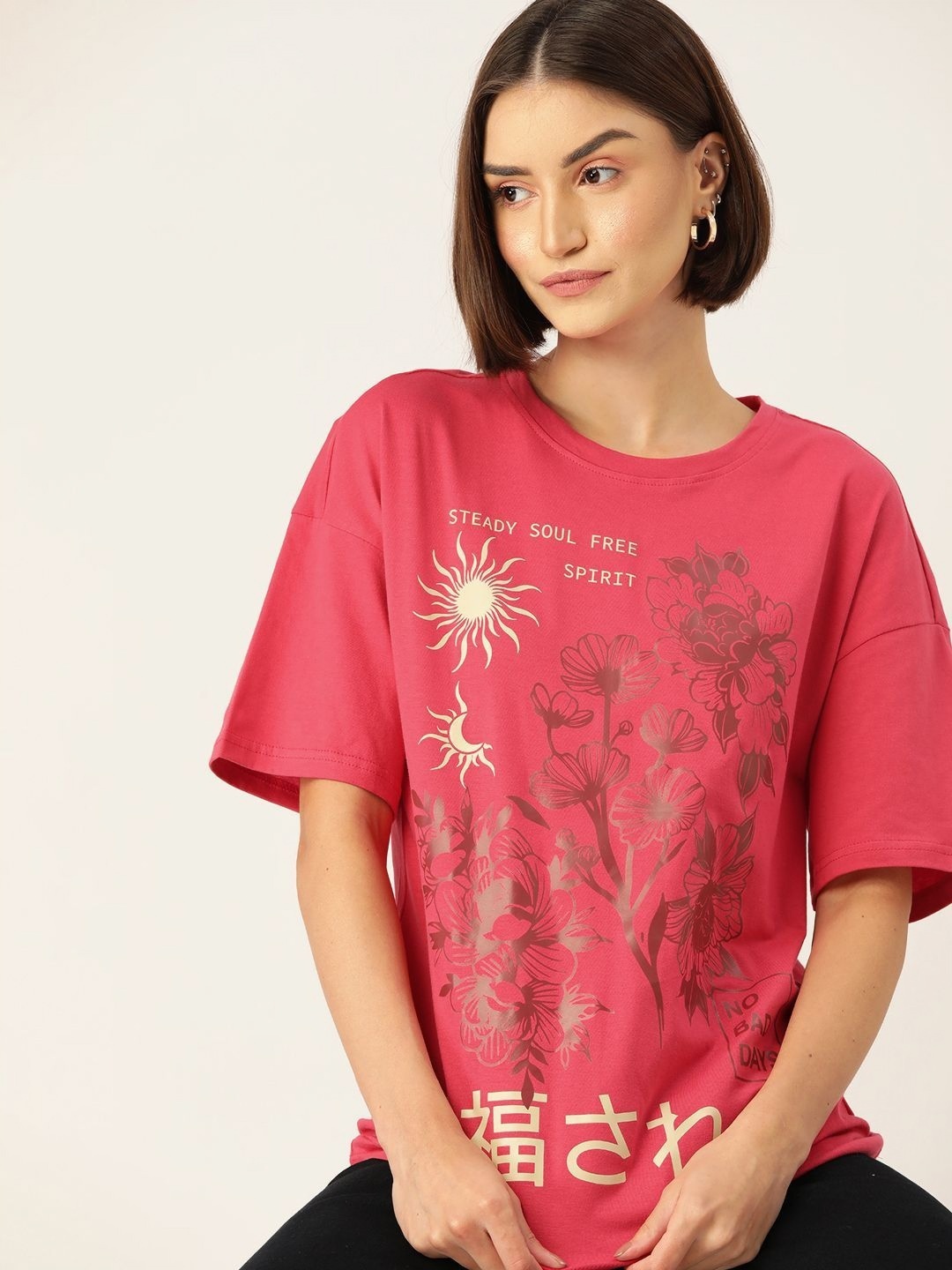 

DressBerry Women Floral Printed Round Neck Cotton Oversized T-shirt, Pink